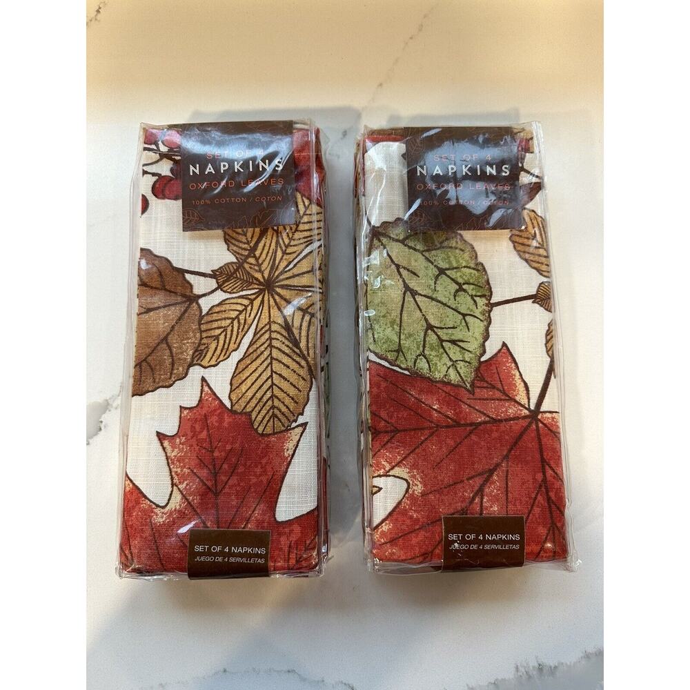 2 - Bed Bath & Beyond Set Of 4 Napkins "Oxford Leaves" 100% Cotton